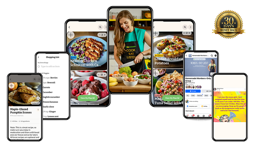 Homemade Method mobile app screens showing recipes, meal plans, and a private community