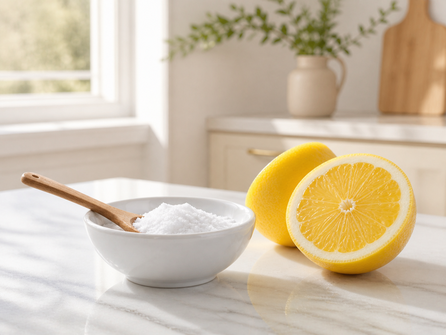 Bowl of baking soda with lemon on a kitchen counter
