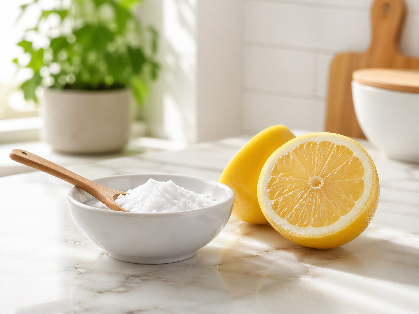 Baking soda and lemon preparation on marble counter